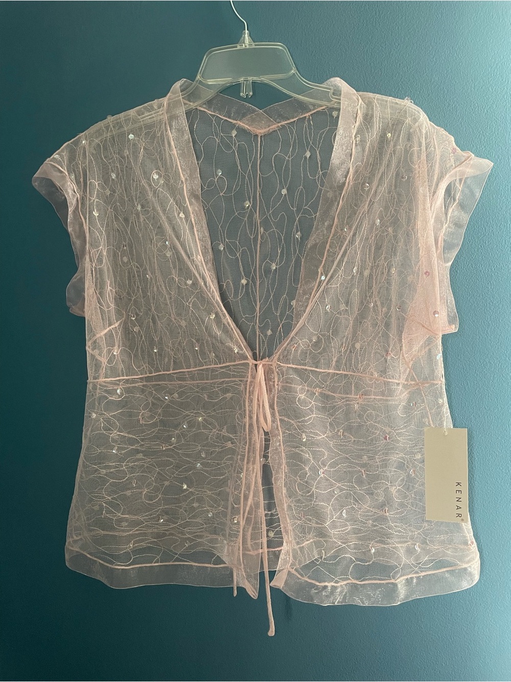 Kenar NWOT Sheer Pink Tie Front Top Sequins Embroidery FairyCore